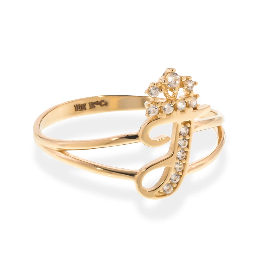 Crown Initial Letter 'J' Ring in 14K Gold with CZ