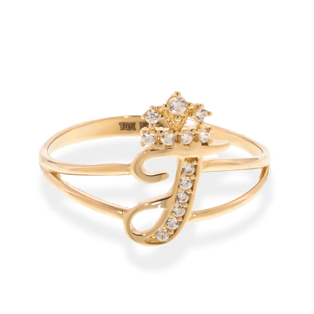 Crown Initial Letter 'J' Ring in 14K Gold with CZ