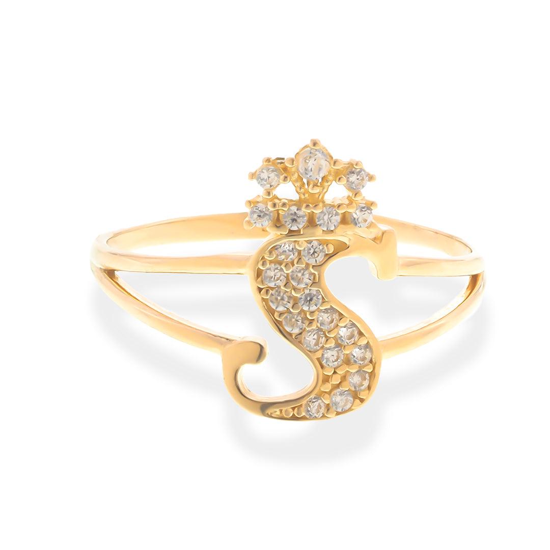 Crown Initial Letter 'S' Ring in 14K Gold with CZ