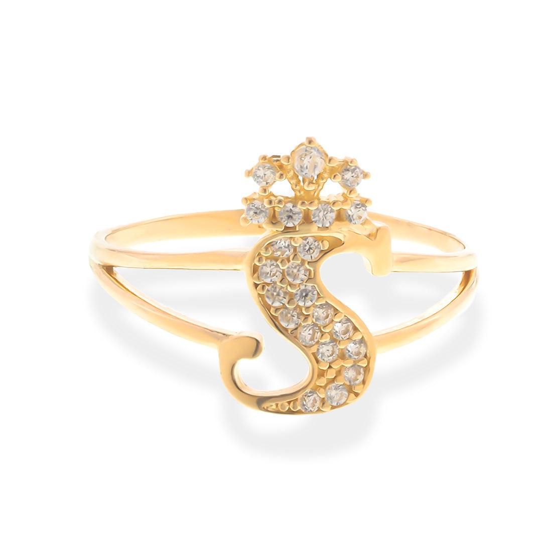 Crown Initial Letter 'S' Ring in 14K Gold with CZ