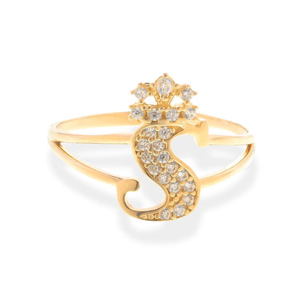 Crown Initial Letter 'S' Ring in 14K Gold with CZ