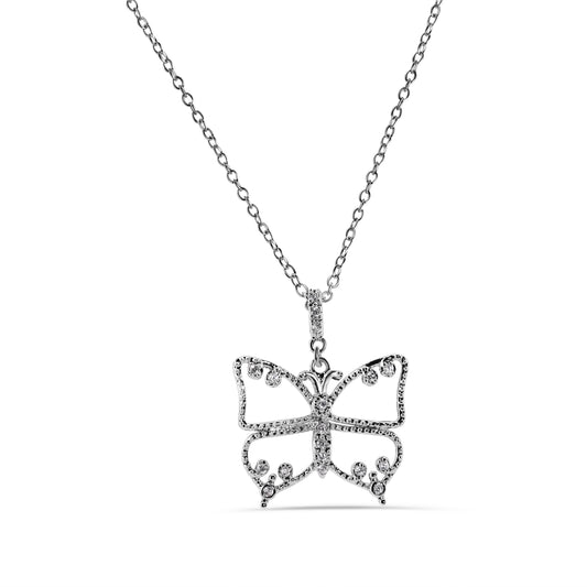 Silver 925 Rhodium Plated Butterfly Outline Clear CZ Necklace - BGP00245 Fantastic Jewelry NYC