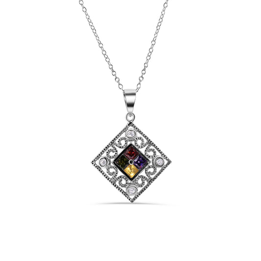 Silver 925 Rhodium Plated Diamond Shape Faceted Multicolor CZ Necklace - BGP00467 Fantastic Jewelry NYC