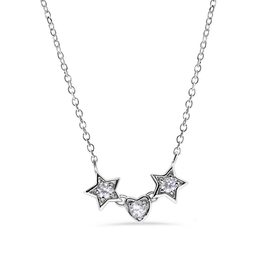 Silver 925 Rhodium Plated 2 Stars and Heart CZ Necklace - BGP00531 Fantastic Jewelry NYC