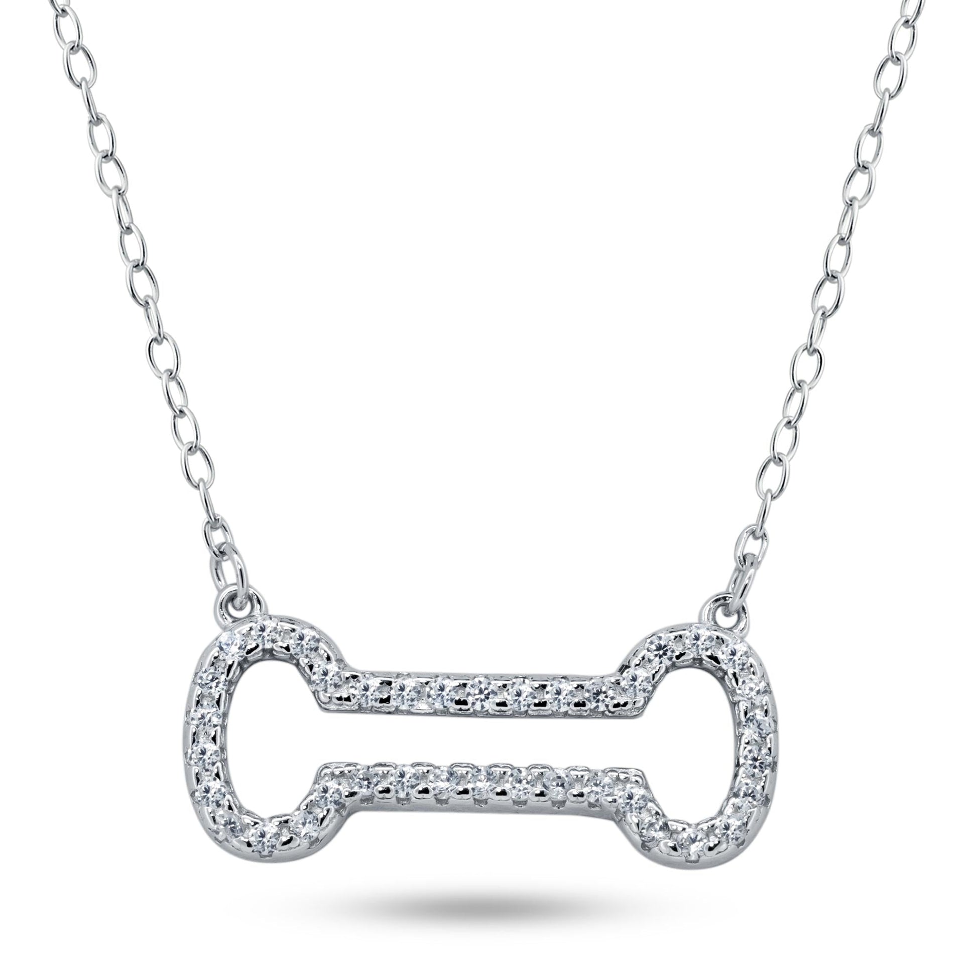 Rhodium Plated 925 Sterling Silver Open Dog Bone CZ Necklace - BGP01448 SPI