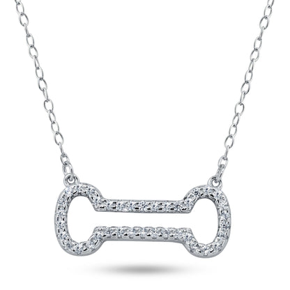 Rhodium Plated 925 Sterling Silver Open Dog Bone CZ Necklace - BGP01448 SPI