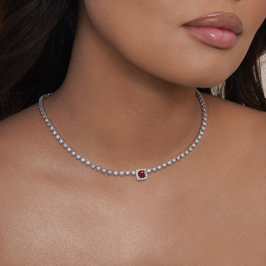 Rhodium Plated 925 Sterling Silver Bubble Tennis CZ Red Center Stone Necklace - BGP01469JAN SPI