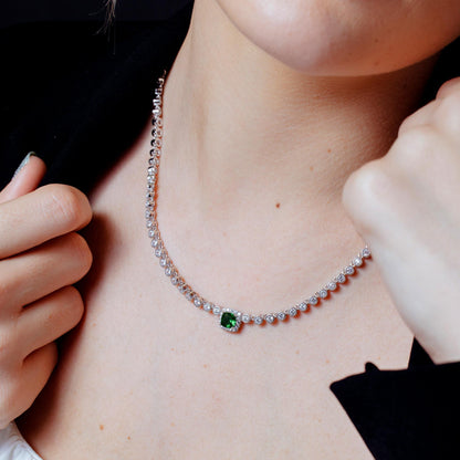 Rhodium Plated 925 Sterling Silver Bubble Tennis CZ Green Center Stone Necklace - BGP01469GRN SPI