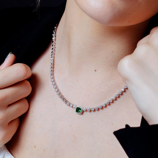 Rhodium Plated 925 Sterling Silver Bubble Tennis CZ Green Center Stone Necklace - BGP01469GRN SPI