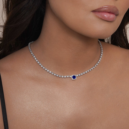 Rhodium Plated 925 Sterling Silver Bubble Tennis CZ Blue Center Stone Necklace - BGP01469BLU SPI