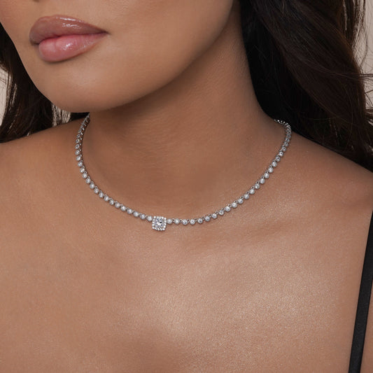 Rhodium Plated 925 Sterling Silver Bubble Tennis CZ Clear Center Stone Necklace - BGP01469CLR SPI