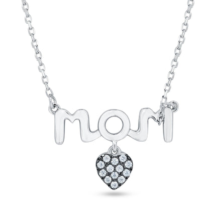 Rhodium Plated 925 Sterling Silver Mom Heart CZ Necklace - BGP01478 SPI