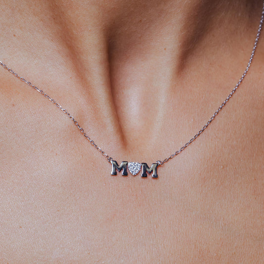 Rhodium Plated 925 Sterling Silver Mom Heart CZ Necklace - BGP01479 SPI