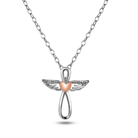 Rhodium Plated 925 Sterling Silver CZ RGP Heart Angel Necklace - BGP01481 SPI