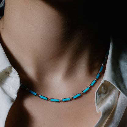 Rhodium Plated 925 Sterling Silver Light Blue Turquoise Stone Bar Link Necklace - BGP01483 Fantastic Jewelry NYC