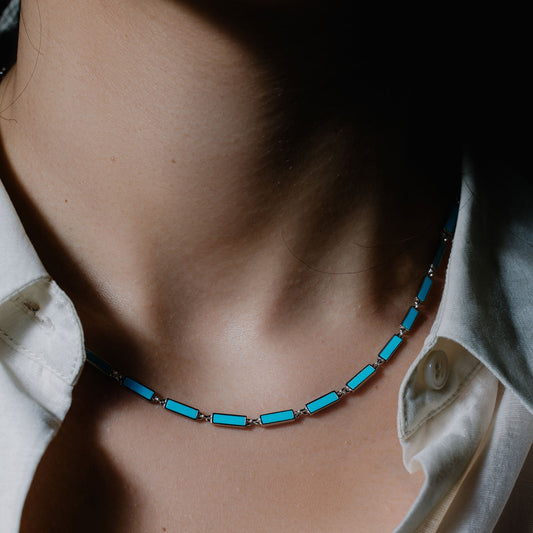 Rhodium Plated 925 Sterling Silver Light Blue Turquoise Stone Bar Link Necklace - BGP01483 Fantastic Jewelry NYC
