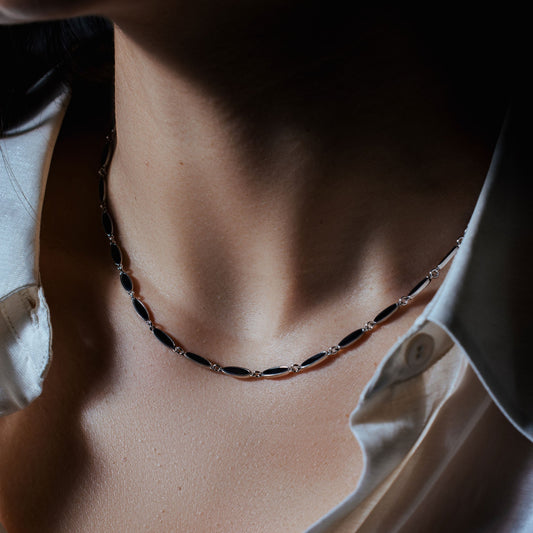 Rhodium Plated 925 Sterling Silver Onyx Cat's Eye Link Necklace - BGP01484 Fantastic Jewelry NYC