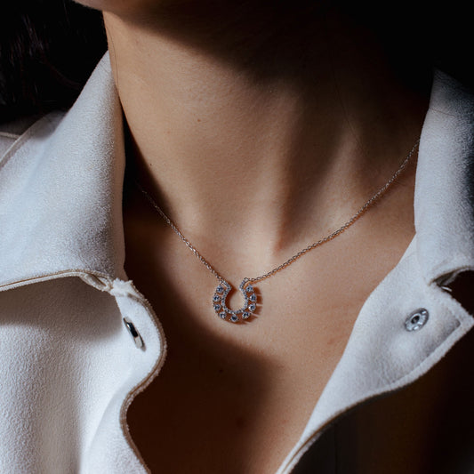 Rhodium Plated 925 Sterling Silver Horseshoe Clear CZ Studded Necklace - BGP01486 SPI