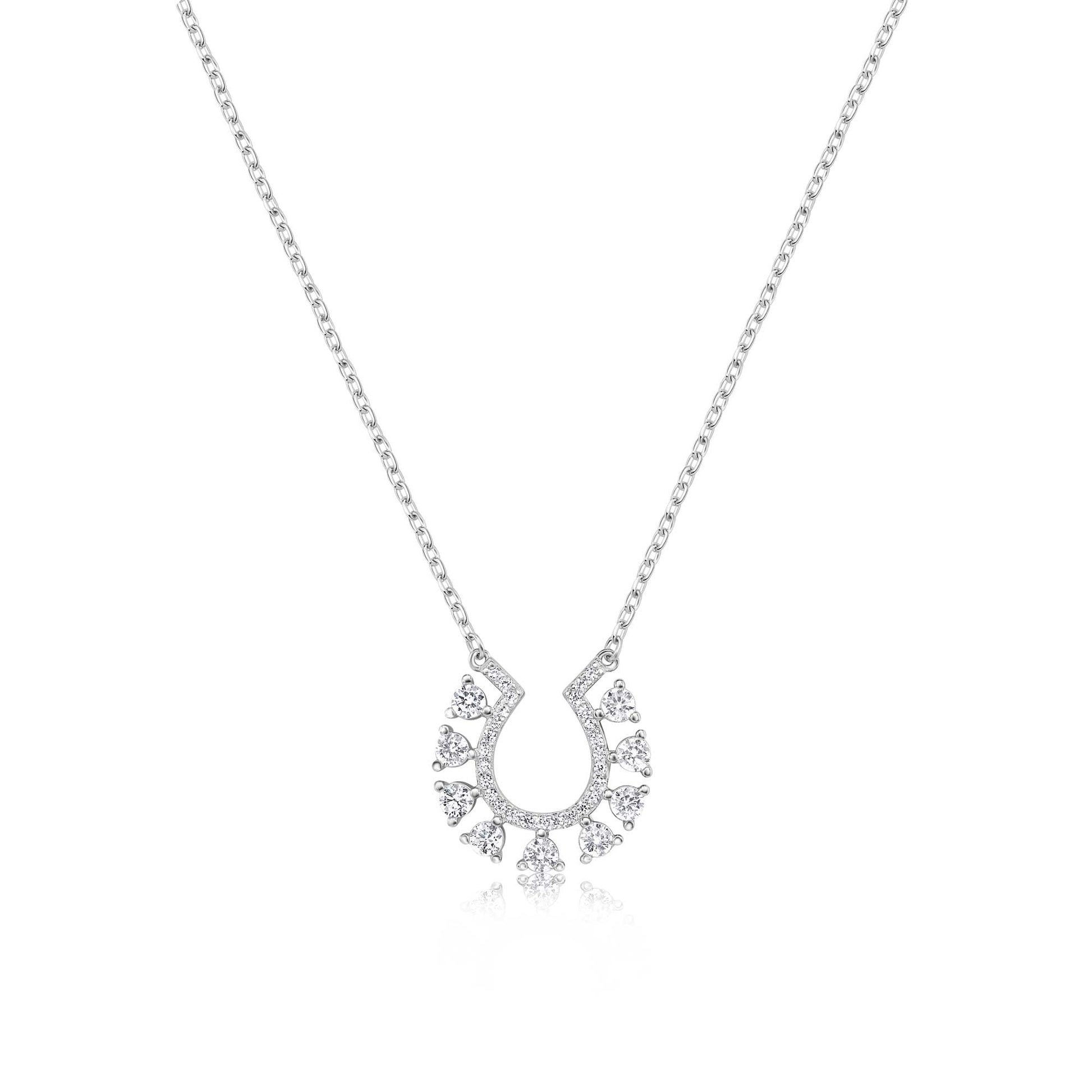 Rhodium Plated 925 Sterling Silver Horseshoe Clear CZ Studded Necklace - BGP01486 SPI