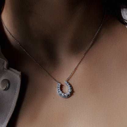 Rhodium Plated 925 Sterling Silver Horseshoe Pearl Clear CZ Necklace - BGP01487 SPI