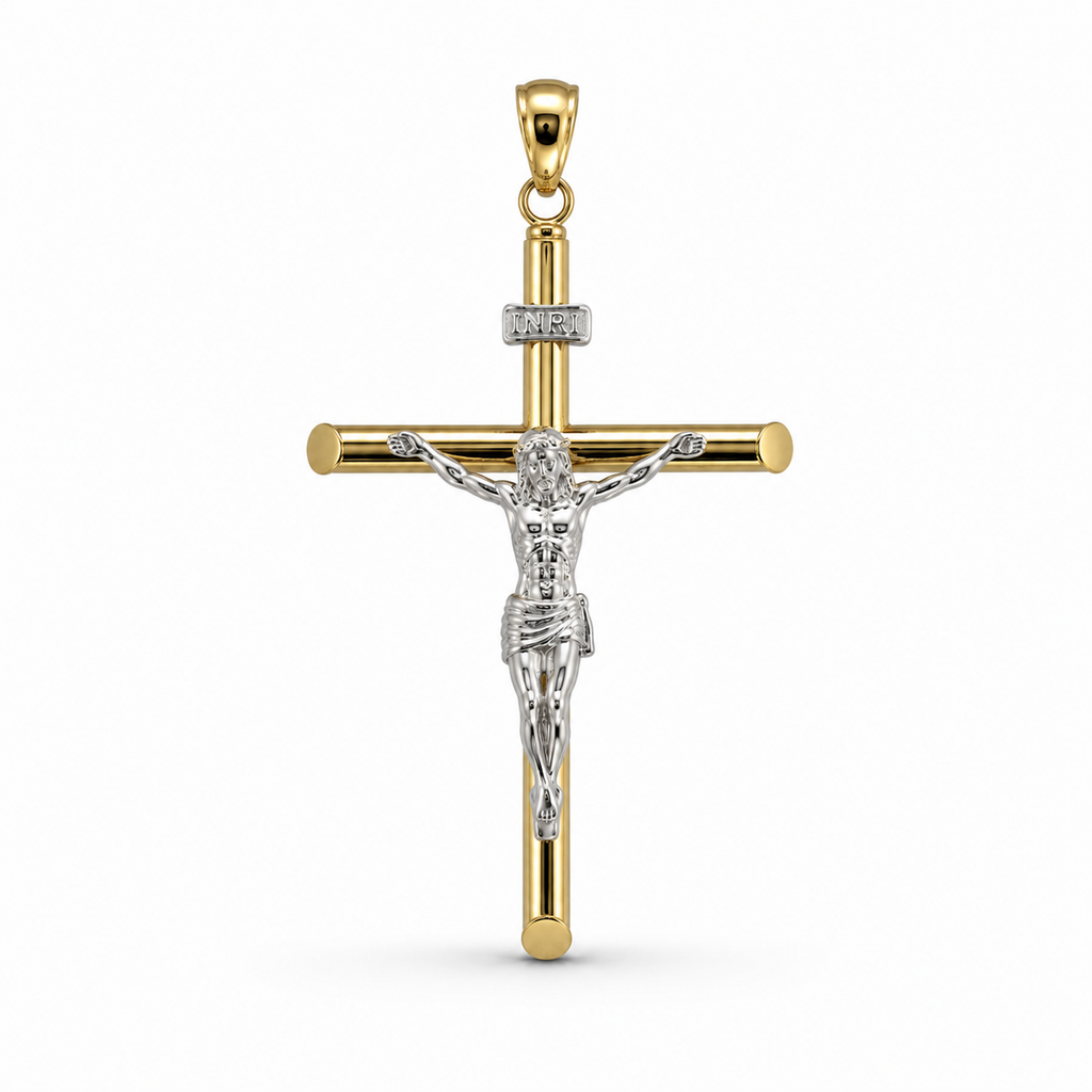 A gold and silver crucifix pendant featuring a polished gold cross with a detailed silver corpus of Jesus Christ, accented by small clear stones on the crossbar and band, set against a plain white background.