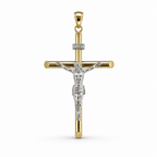 A gold and silver crucifix pendant featuring a polished gold cross with a detailed silver corpus of Jesus Christ, accented by small clear stones on the crossbar and band, set against a plain white background.