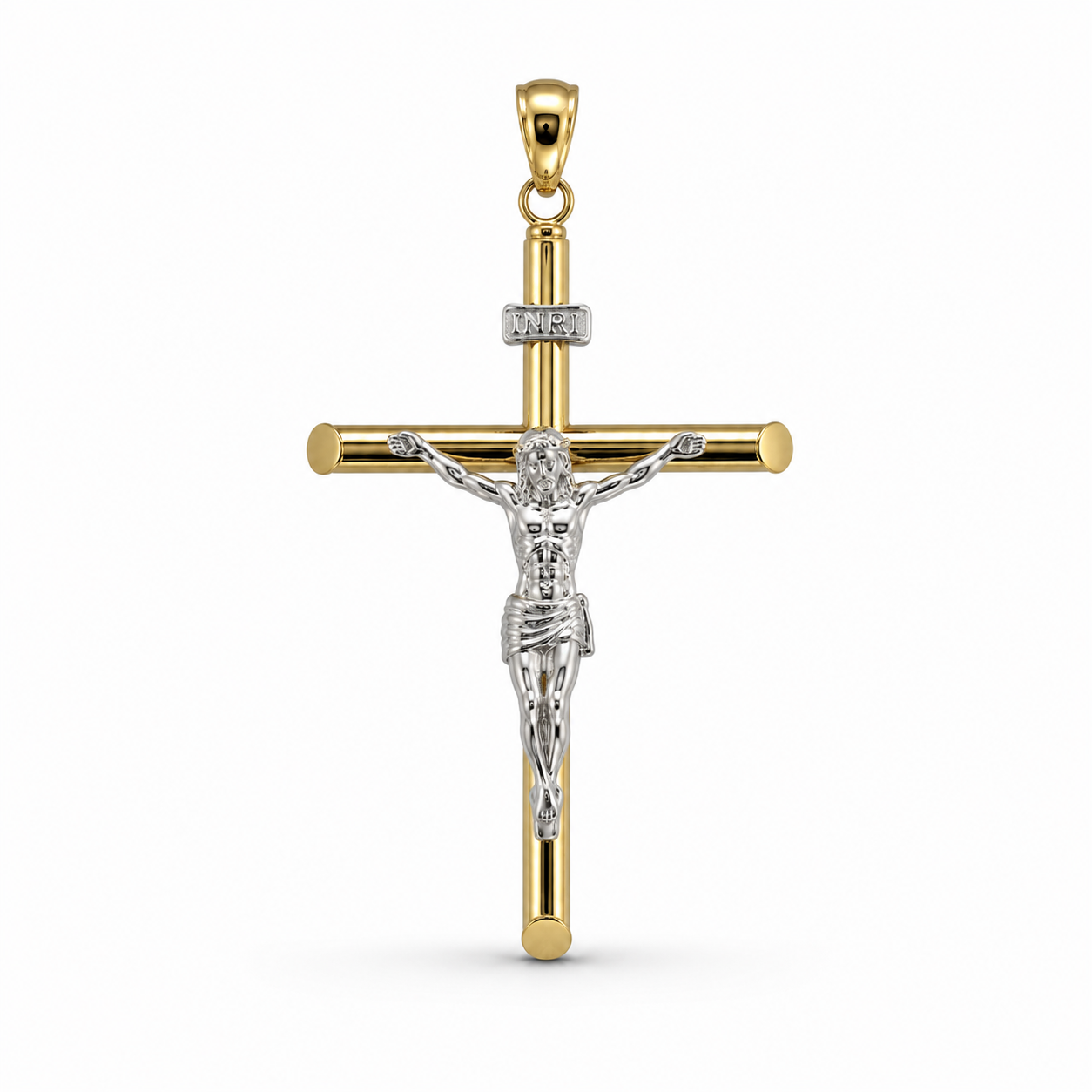 A gold and silver crucifix pendant featuring a polished gold cross with a detailed silver corpus of Jesus Christ, accented by small clear stones on the crossbar and band, set against a plain white background.