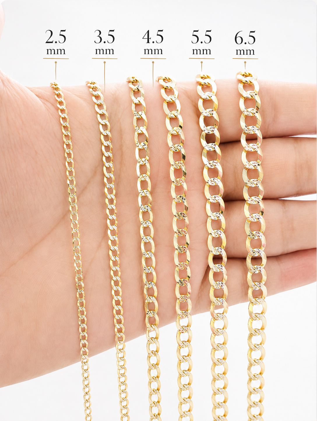 Five gold-tone chain necklaces displayed on an open hand, labeled with thickness measurements 2.5 mm, 3.