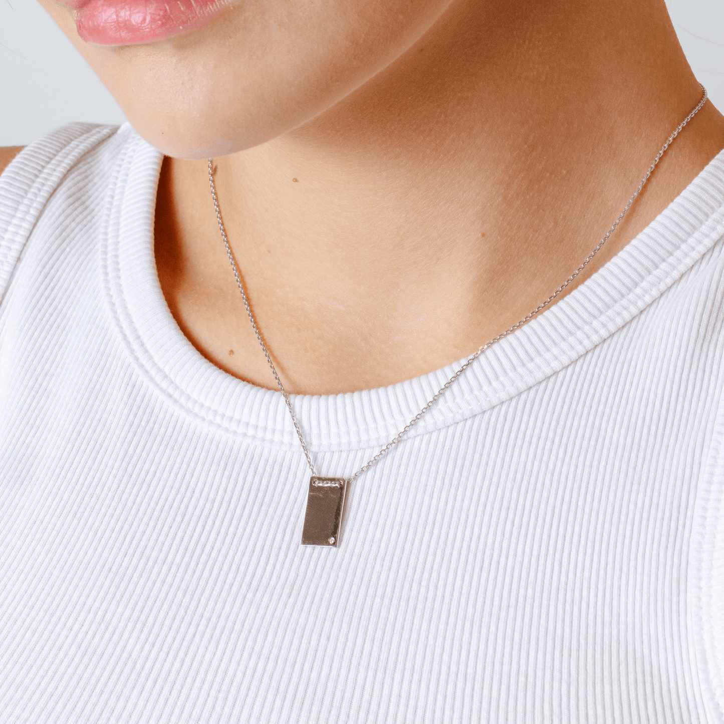 Rhodium Plated 925 Sterling Silver Engravable Rectangular Shaped Necklace with Diamond - DIN00075RH SPI