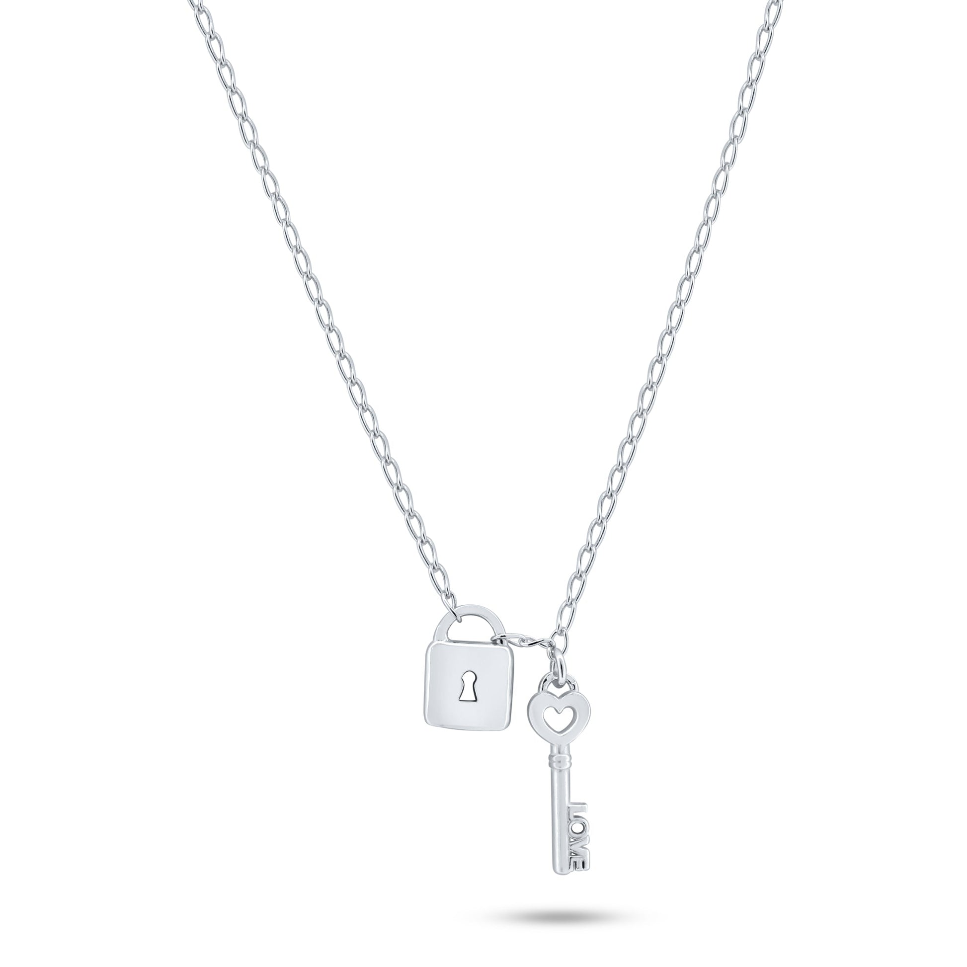Rhodium Plated 925 Sterling Silver Love Key and Lock Necklace - ECN00070RH SPI