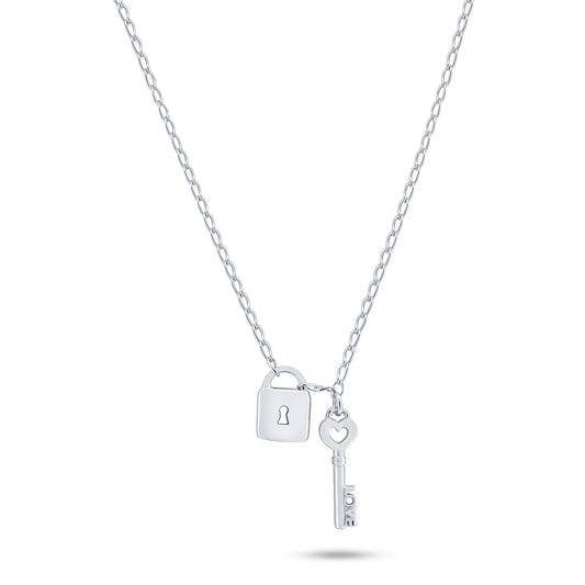 Rhodium Plated 925 Sterling Silver Love Key and Lock Necklace - ECN00070RH SPI