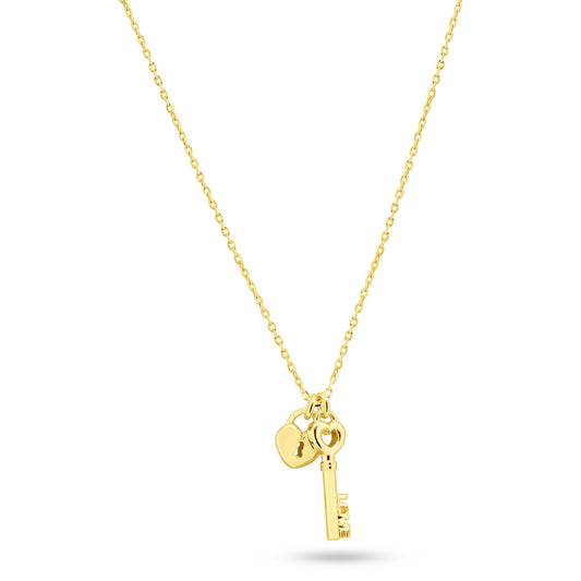 Gold Plated 925 Sterling Silver Small Love Key and Heart Lock Necklace - ECN00071GP SPI