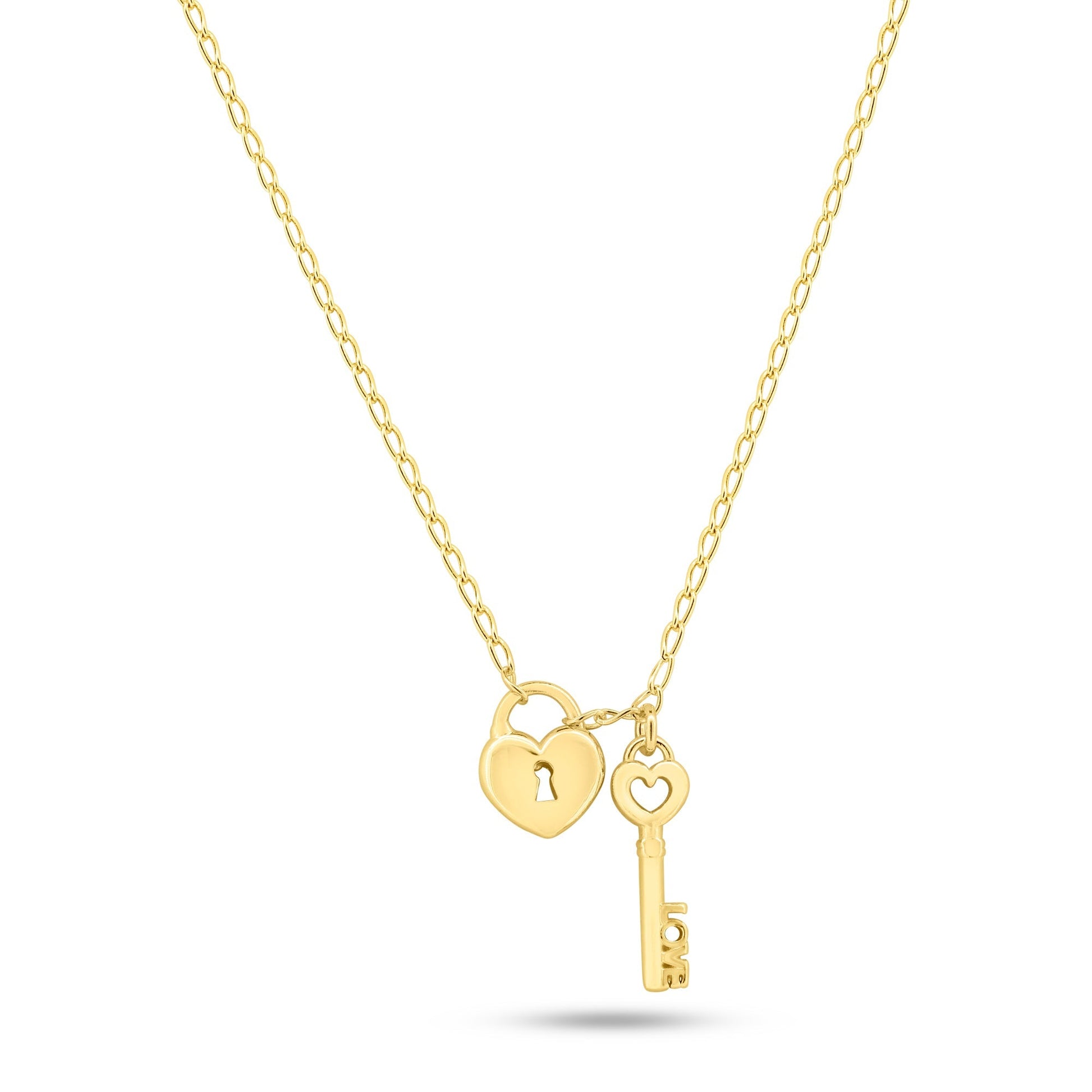 Gold Plated 925 Sterling Silver Medium Love Key and Heart Lock Necklace - ECN00072GP SPI