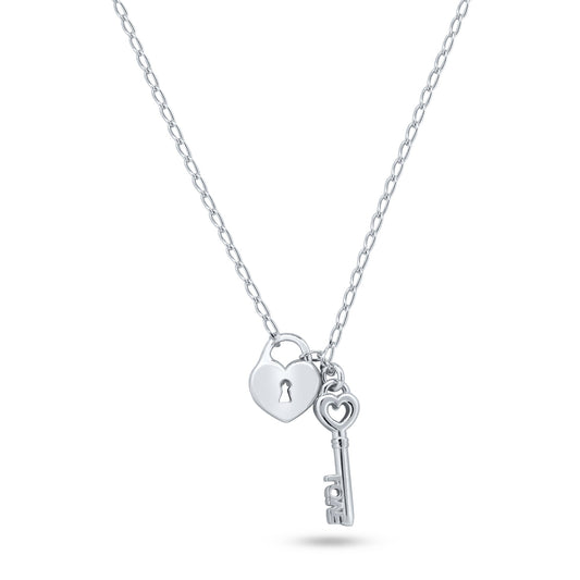 Rhodium Plated 925 Sterling Silver Medium Love Key and Heart Lock Necklace - ECN00072RH SPI