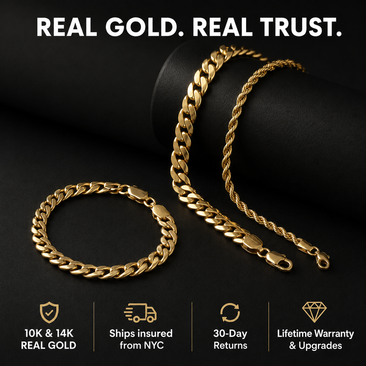 10K and 14K real gold, insured shipping from NYC, 30-day returns, lifetime warranty and upgrades