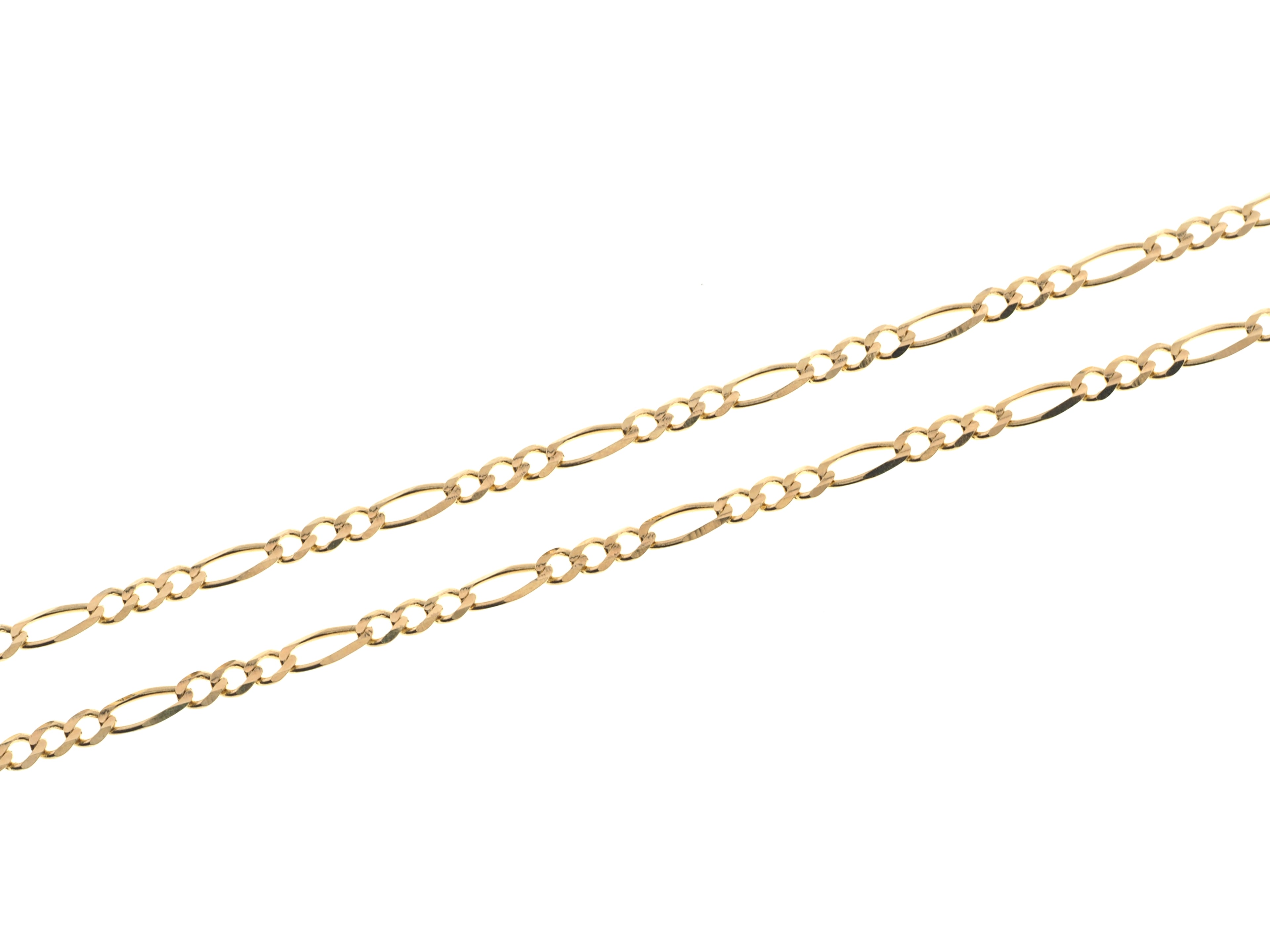 A close-up of a gold chain with elongated oval links, shown diagonally against a plain white background.