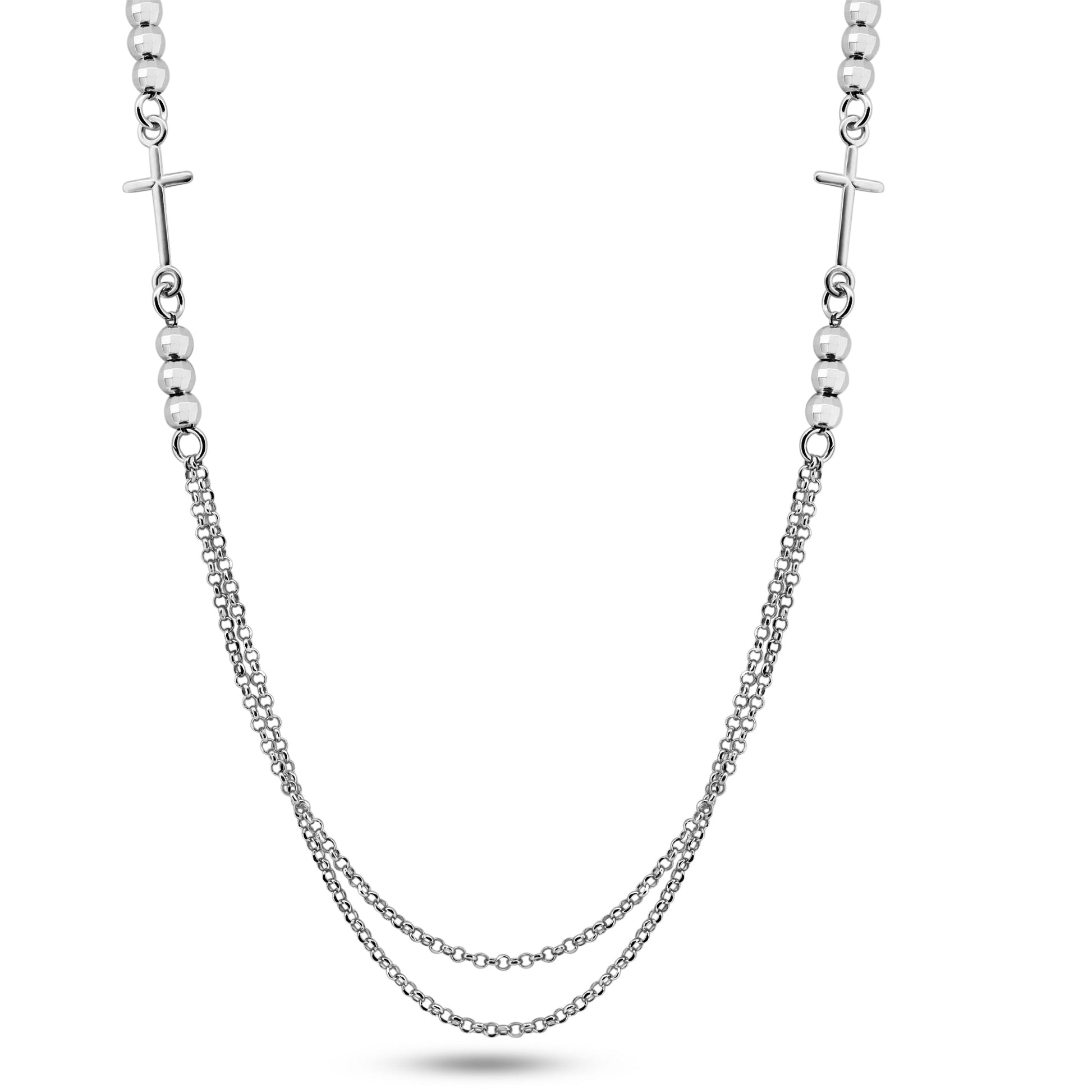 Rhodium Plated 925 Sterling Silver Multi Chain Beaded Cross  Necklace - GCP00006-RH SPI