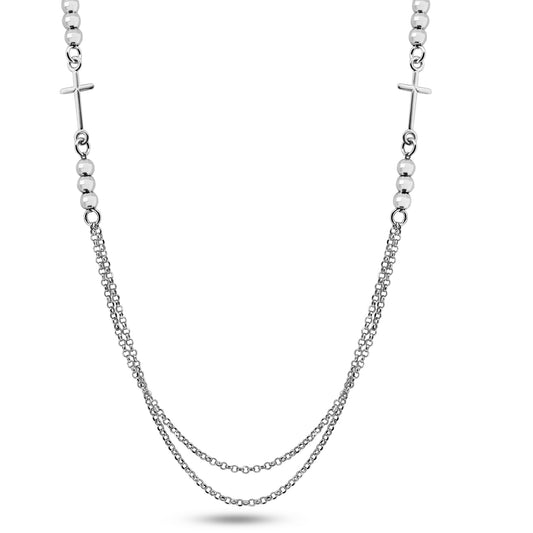 Rhodium Plated 925 Sterling Silver Multi Chain Beaded Cross  Necklace - GCP00006-RH SPI