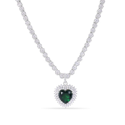 Rhodium Plated 925 Sterling Silver Heart Green CZ Pendant 3.8mm Round Cut Clear CZ Tennis Necklace - GMN00222 Fantastic Jewelry NYC