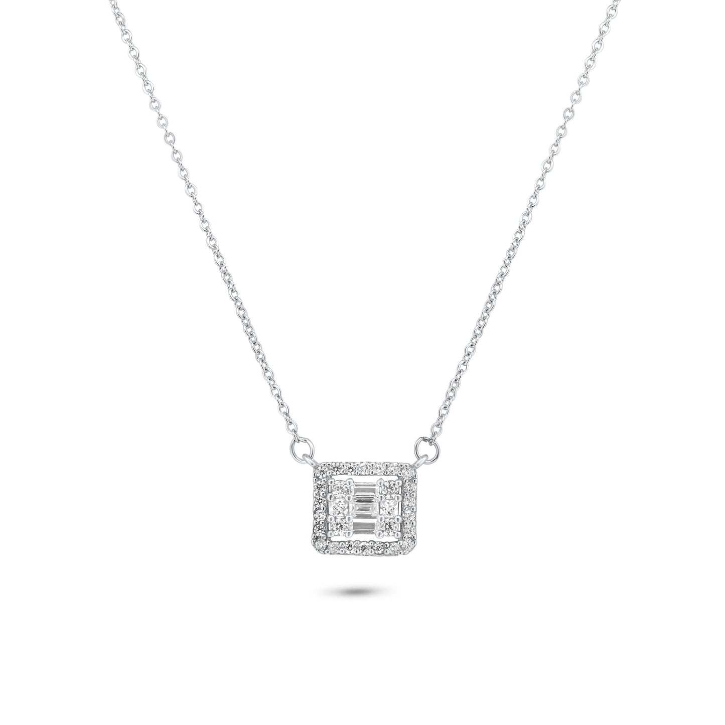 Rhodium Plated 925 Sterling Silver Round Baguette CZ Square Necklace - GMN00200 SPI