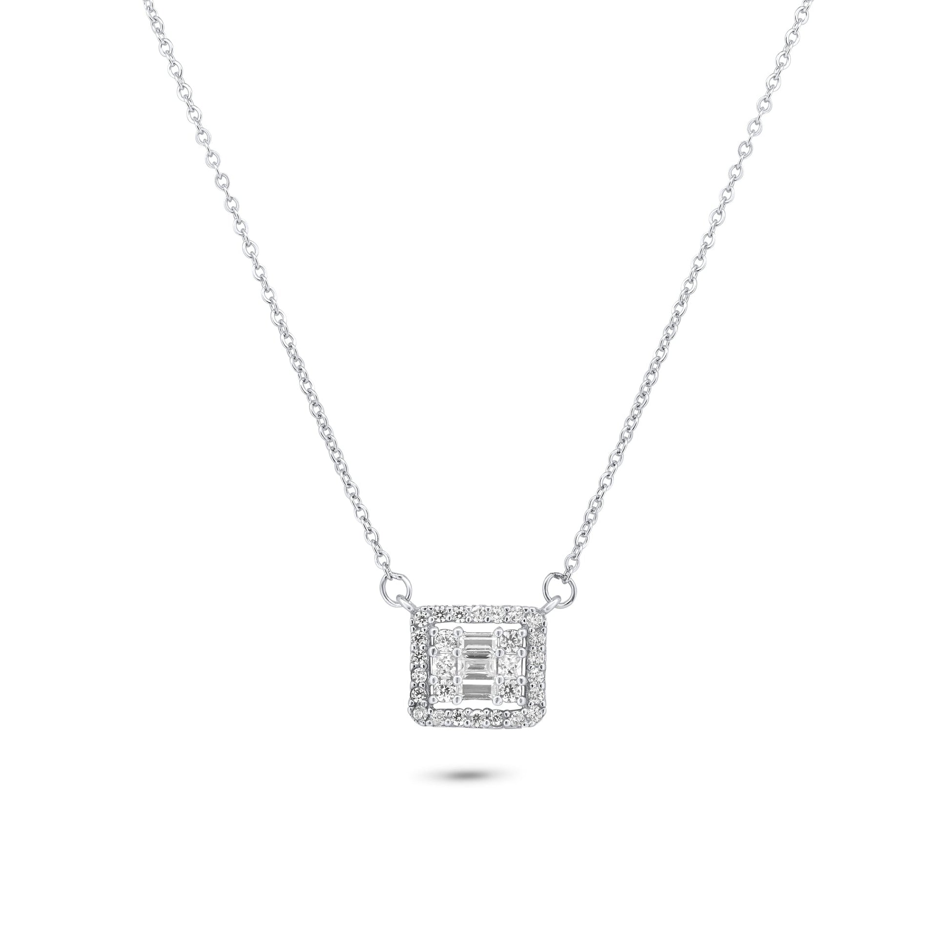 Rhodium Plated 925 Sterling Silver Round Baguette CZ Square Necklace - GMN00200 SPI