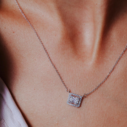Rhodium Plated 925 Sterling Silver Round Baguette CZ Square Necklace - GMN00200 SPI