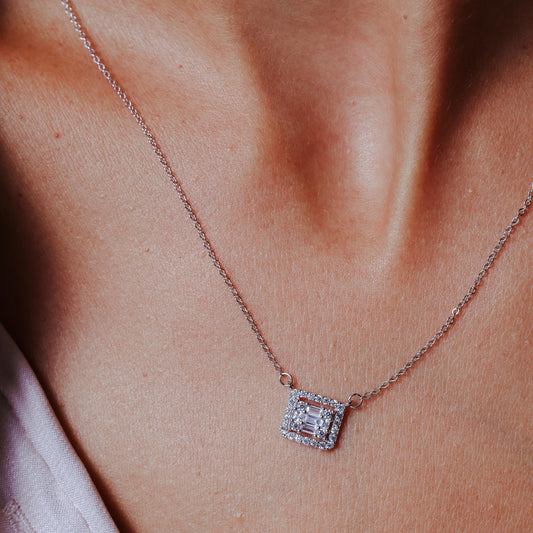 Rhodium Plated 925 Sterling Silver Round Baguette CZ Square Necklace - GMN00200 SPI