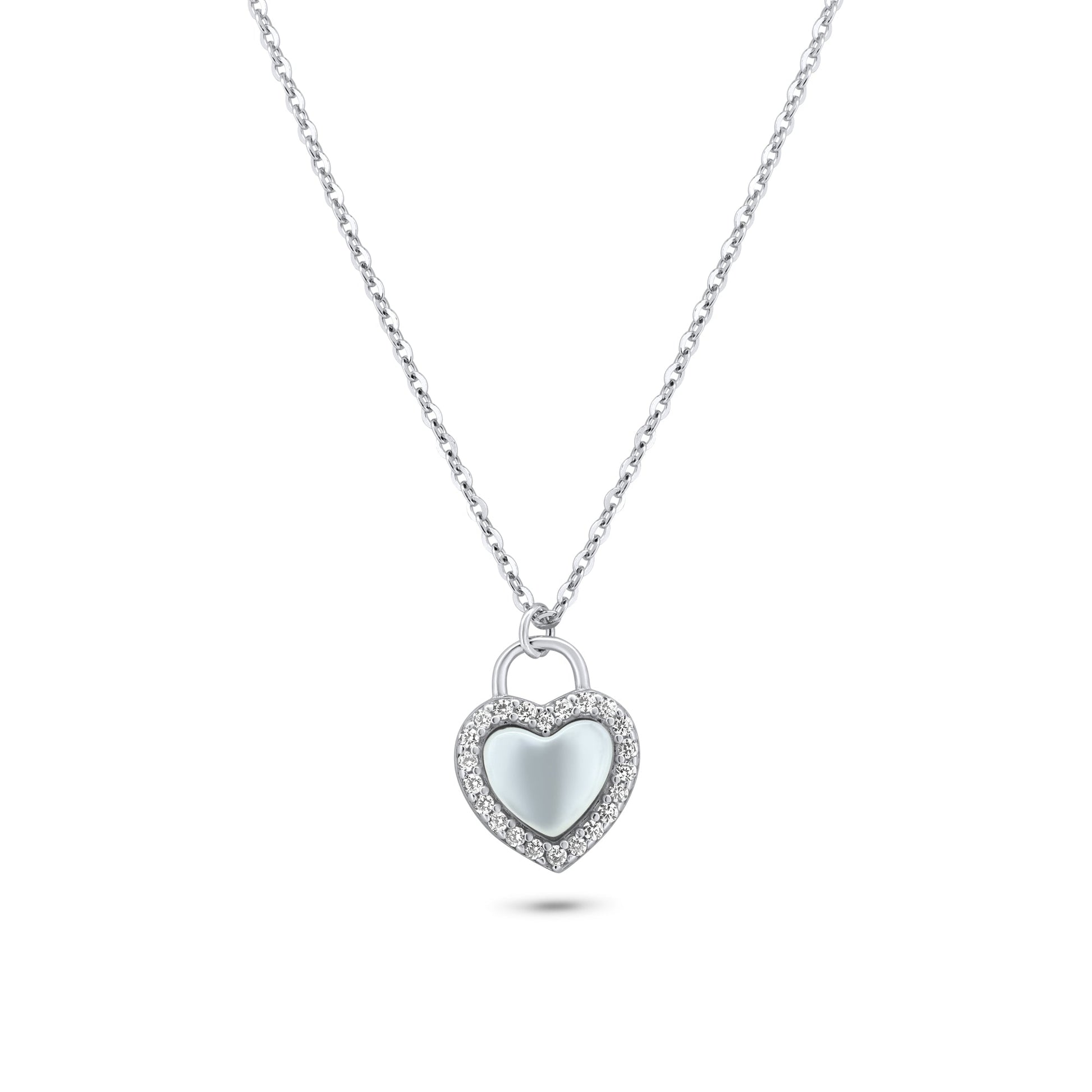Rhodium Plated 925 Sterling Silver Heart CZ Mother of Pearl Necklace - GMN00203 SPI