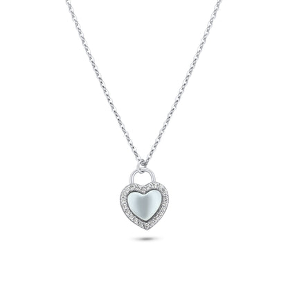 Rhodium Plated 925 Sterling Silver Heart CZ Mother of Pearl Necklace - GMN00203 SPI