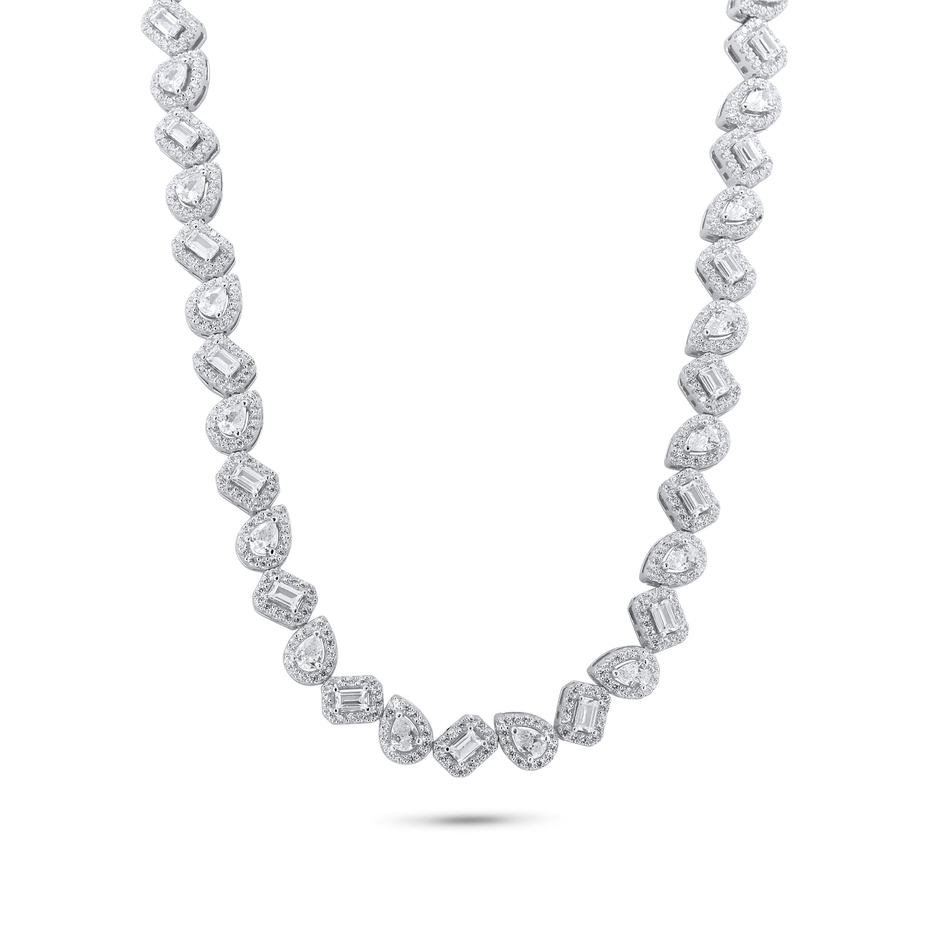 Rhodium Plated 925 Sterling Silver Teardrop and Baguette CZ Stone Encrusted 7.4mm Adjustable Tennis Necklace - GMN00205 SPI