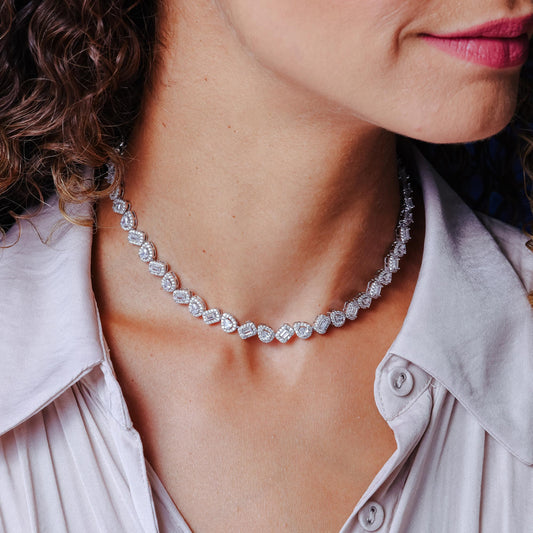 Rhodium Plated 925 Sterling Silver Teardrop and Baguette CZ Stone Encrusted 7.4mm Adjustable Tennis Necklace - GMN00205 SPI