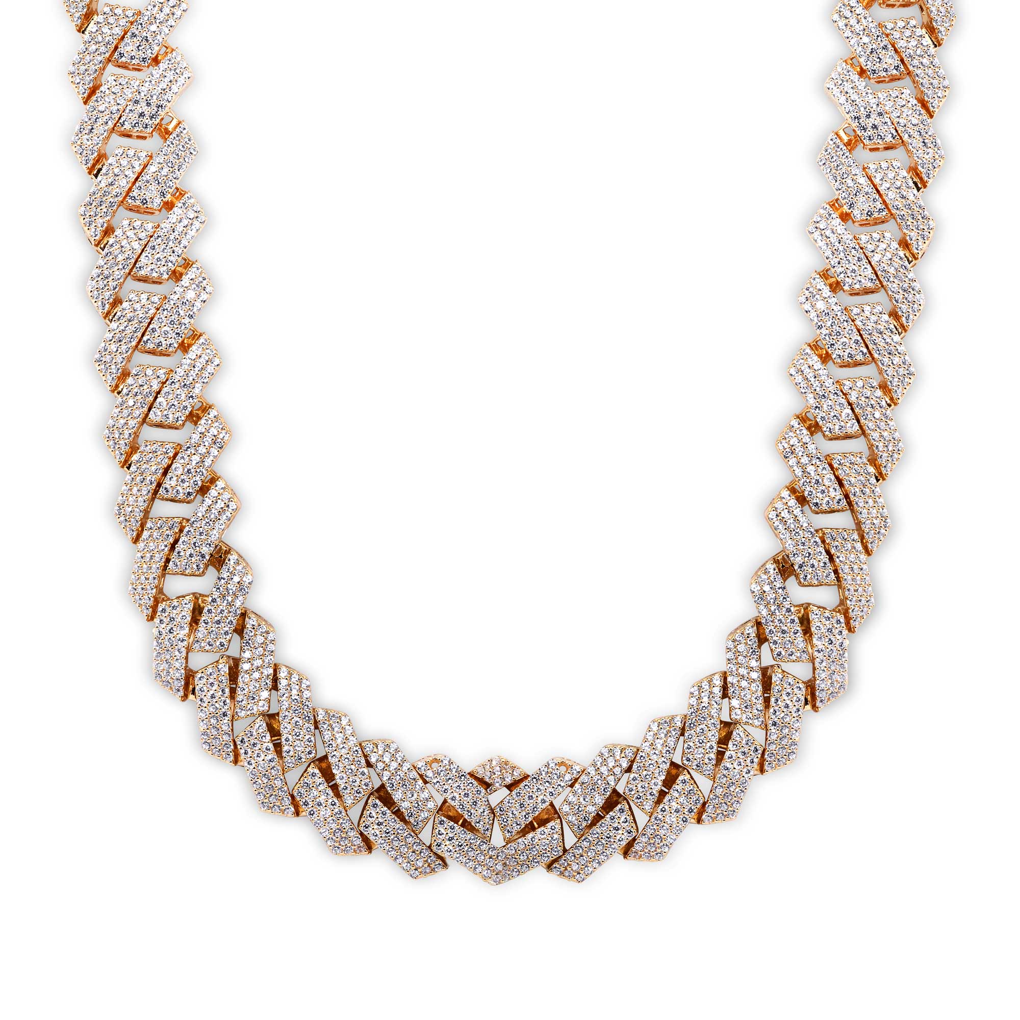Gold Plated 925 Sterling Silver CZ Encrusted Square Miami Cuban Link Chain 13mm