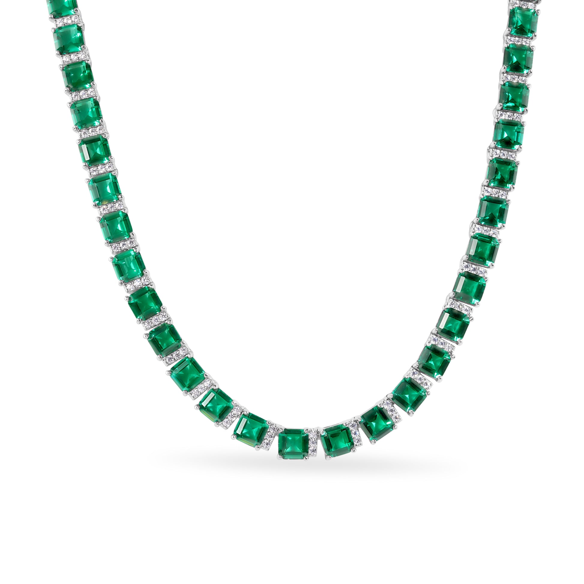 Rhodium Plated 925 Sterling Silver Square Cut Green CZ 5.8mm Adjustable Length Tennis Necklace - GMN00220GREEN Fantastic Jewelry NYC
