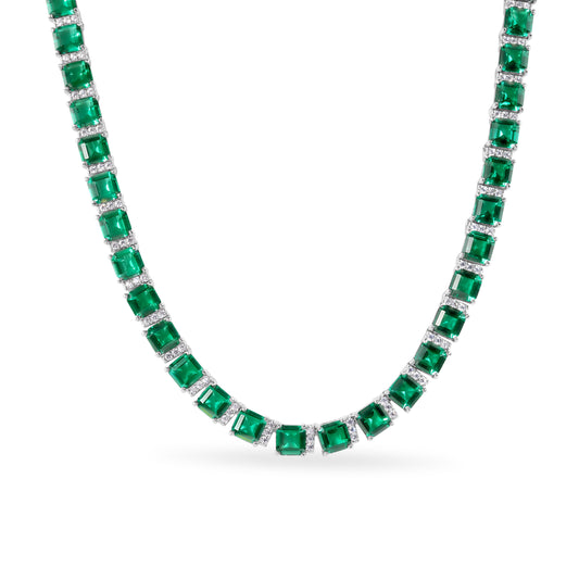 Rhodium Plated 925 Sterling Silver Square Cut Green CZ 5.8mm Adjustable Length Tennis Necklace - GMN00220GREEN Fantastic Jewelry NYC
